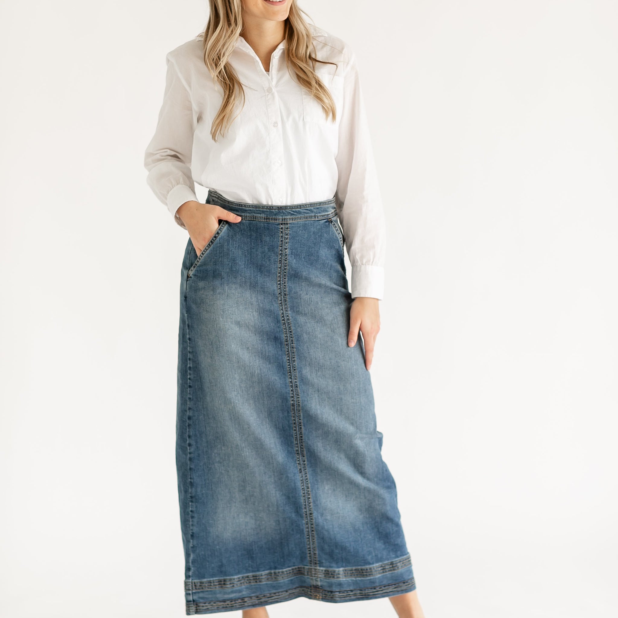 Sutton Side Zip A-line Denim Maxi Skirt - FINAL SALE